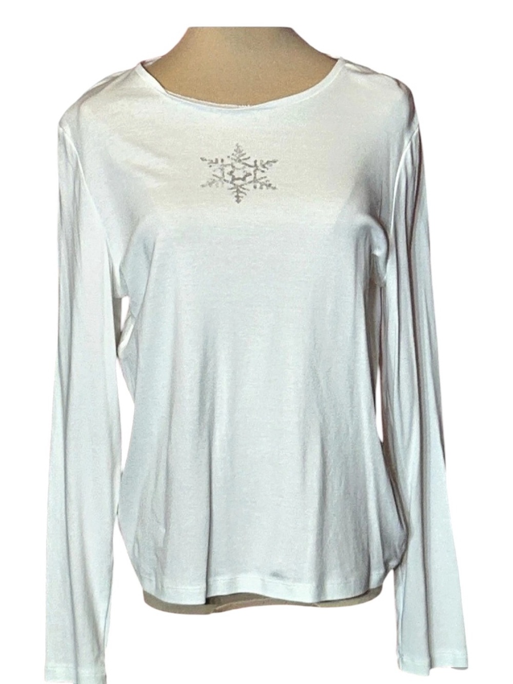 Talbots Long Sleeve Crewneck Tee - Foil Snowflake White